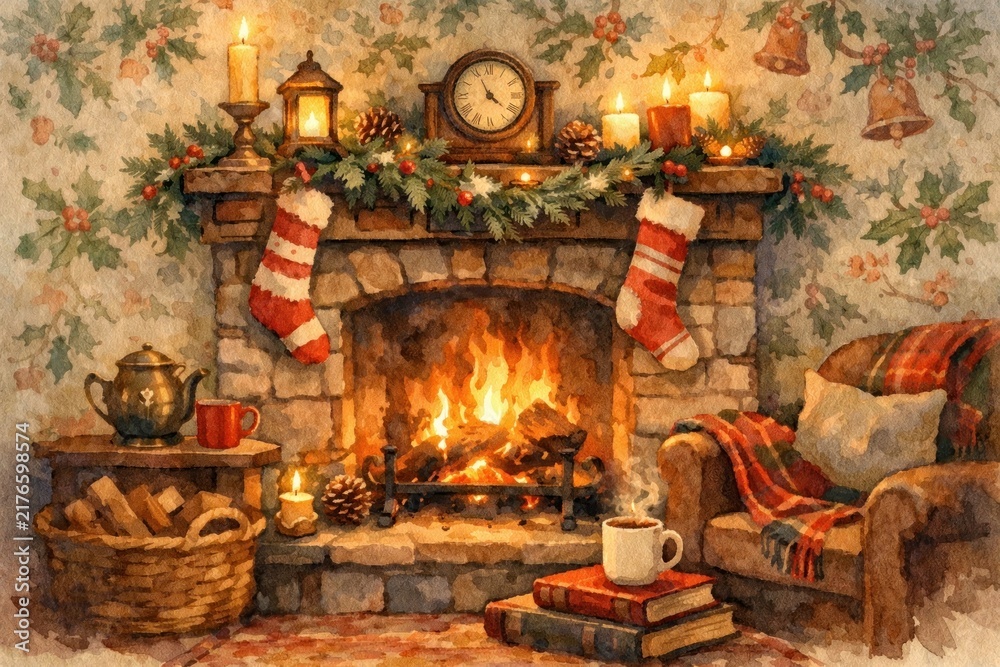 Obraz premium Cozy fireplace with holiday decor.