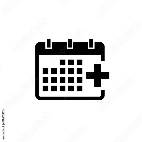 Black calendar event addition icon with plus sign for scheduling and appointment planner.