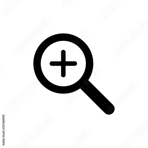 Magnifying glass zoom in icon black silhouette for search optimization and digital content inspection tool.