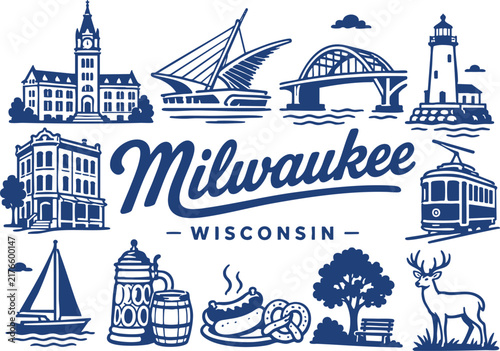 Milwaukee Wisconsin Travel Vector Set with Skyline, Lakefront, Lighthouse and City Icons