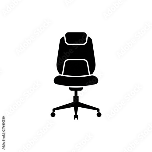 Black ergonomic office chair icon on checkered background for workplace interior design concepts.