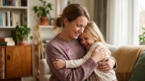 Happy mother with breast cancer awareness ribbon hugging her young daughter at home.