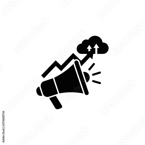 Black megaphone icon with rising trend arrow and cloud storage upload symbol representing digital marketing scalability on transparent background.