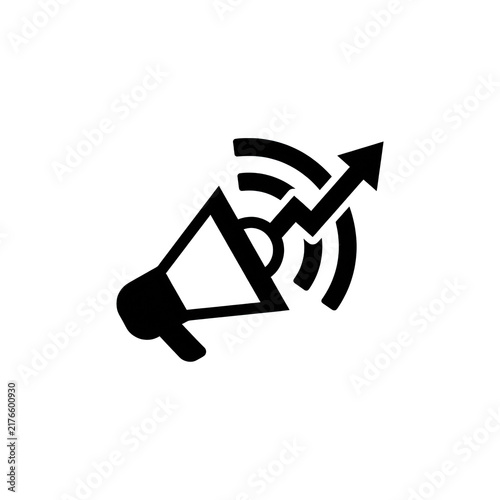Black line art megaphone icon with audio waves and upward growth arrow representing high performance marketing campaigns.