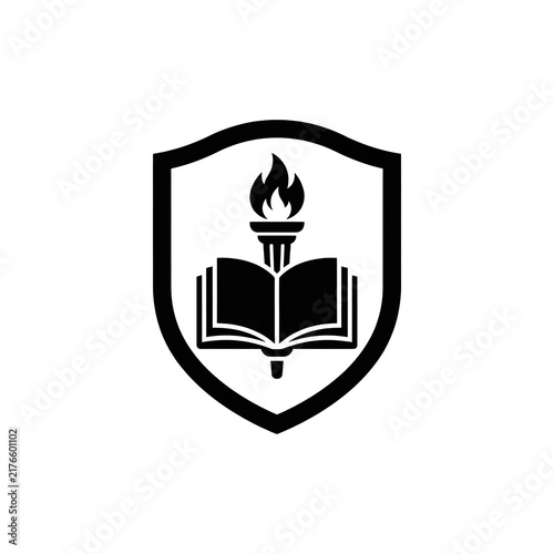 Educational shield emblem featuring open book and burning torch for school logos and academic excellence.