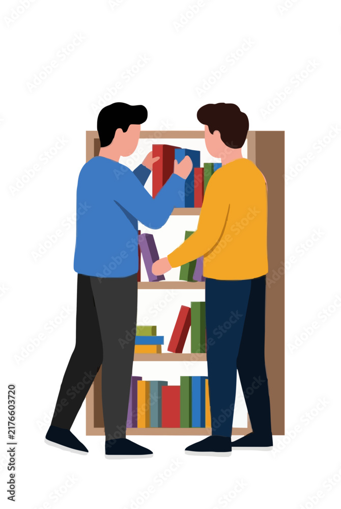 Obraz premium Two young men organizing and arranging colorful books on a tall wooden bookshelf in a flat vector illustration style, sharing a quiet afternoon of reading and tidying together