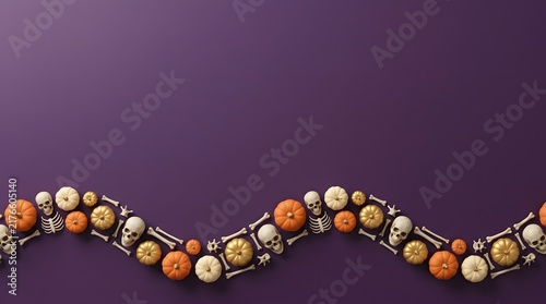 A festive wavy border of colorful decorative pumpkins arranged on a solid dark purple halloween background