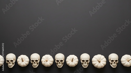 A row of white skulls and small pumpkins arranged on a dark black halloween background