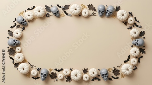 A festive halloween oval frame made of white pumpkins and dried leaves on beige background