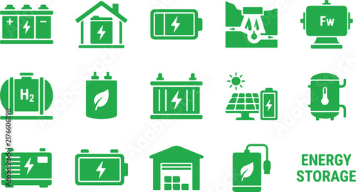 Energy Storage and Battery Technology Icon Set, Green Renewable Power and Electricity Symbols