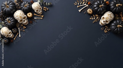 Top view of spooky halloween decorations featuring black pumpkins and human skulls on dark background