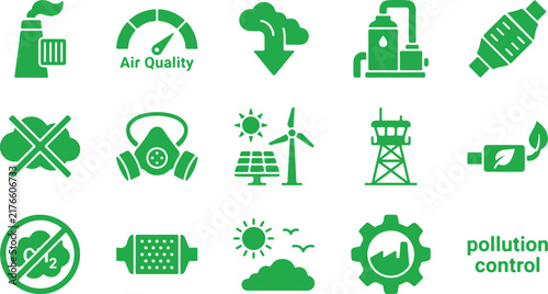 Air Quality and Pollution Control Icon Set, Green Environmental Protection and Clean Air Symbols