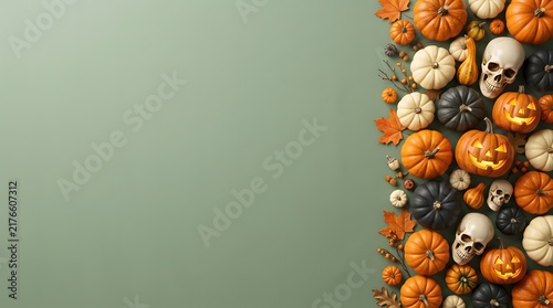 Festive halloween background featuring various pumpkins and skulls arranged on a soft sage green surface