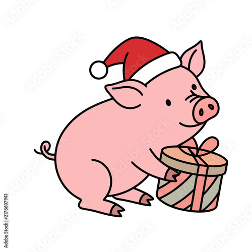 Pig wearing Santa hat holding a gift