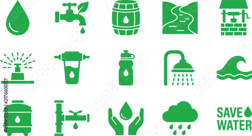 Water Conservation and Sustainable Water Management Icon Set, Green Saving Water Symbols