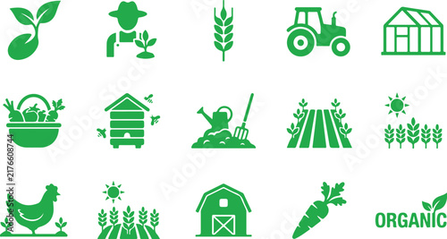Organic Farming and Agriculture Icon Set, Green Sustainable Farming and Crop Symbols