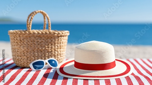 Summer Beach Vacation Essentials: Straw Bag, Hat, and Sunglasses on Striped Blanket with Ocean Background