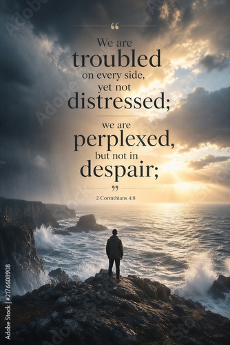 Inspirational Christian Poster with 2 Corinthians 4:8 Scripture, highlighting resilience and perseverance amidst challenges, featuring elegant typography and a symbolic background.
