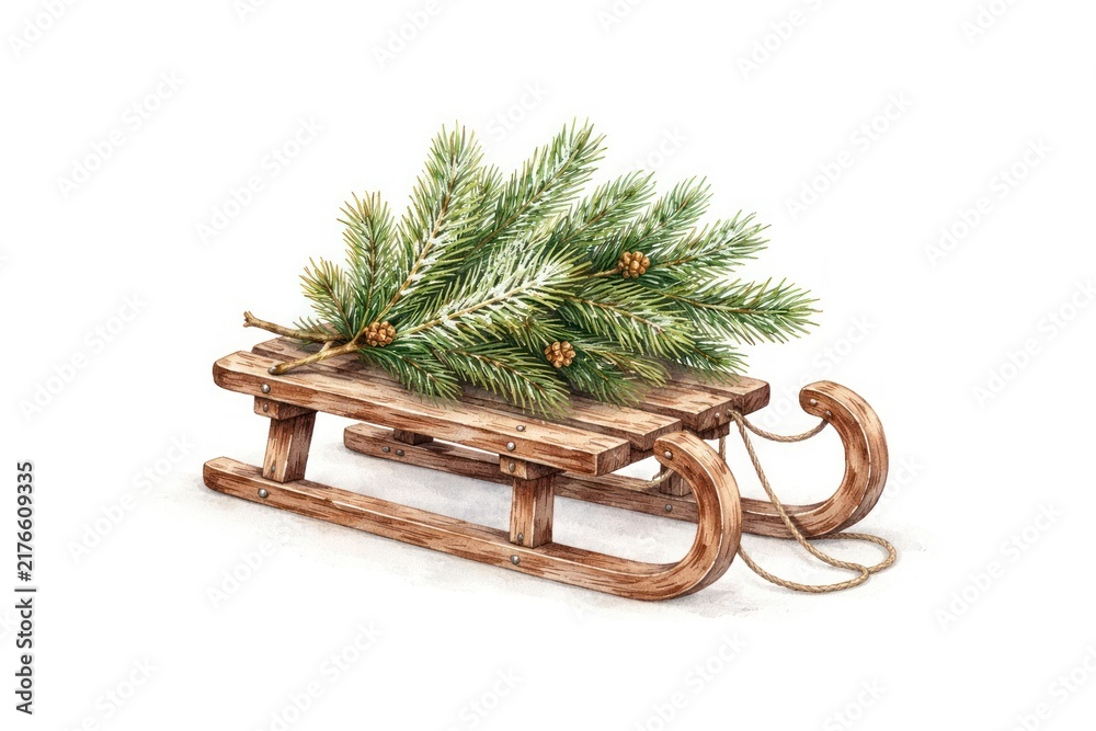 Naklejka premium Rustic sled with pine branches illustration.