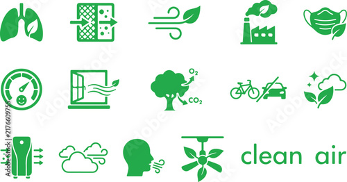 Clean Air and Sustainable Transportation Icon Set, Green Environmental and Eco Friendly Symbols