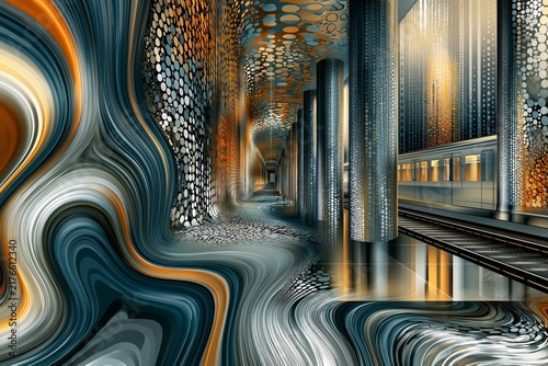AI-generated illustration of travel viewed through a psychedelic lens -- at the train station where groovy patterns are the norm
