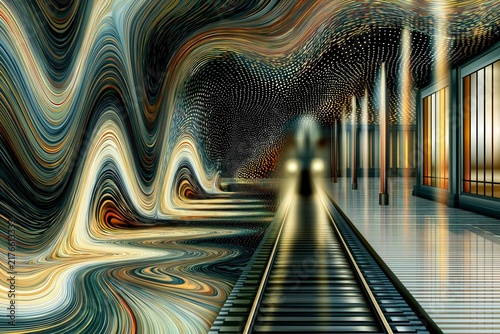 AI-generated illustration of travel viewed through a psychedelic lens -- at the train station where groovy patterns are the norm