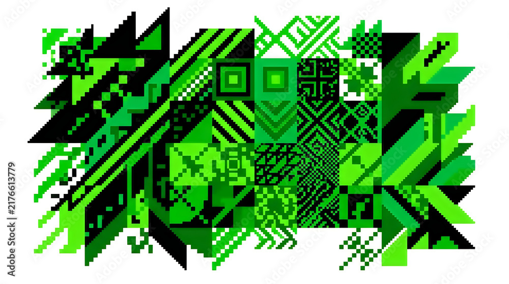 Abstract geometric art with green and black pixel style