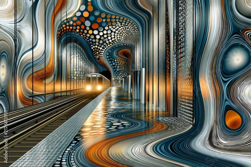 AI-generated illustration of travel viewed through a psychedelic lens -- at the train station where groovy patterns are the norm