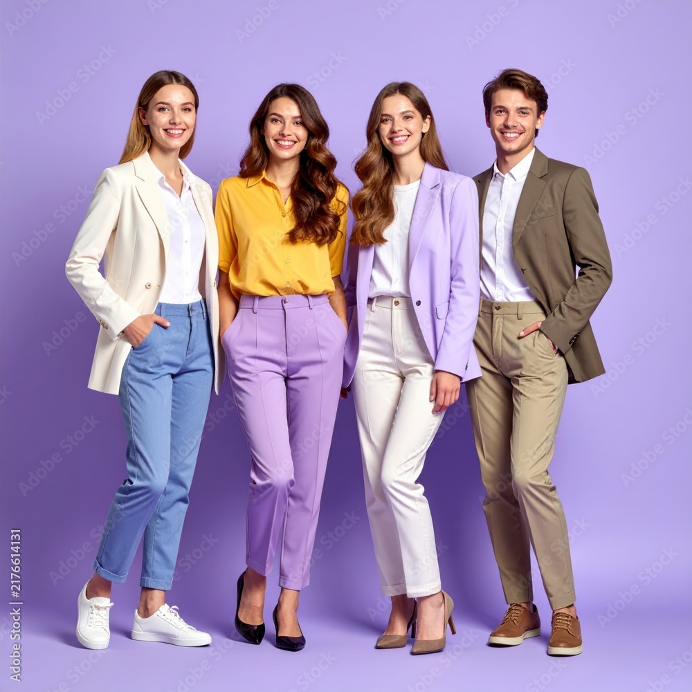 Fototapeta premium Group of smiling young professionals standing together against a purple background