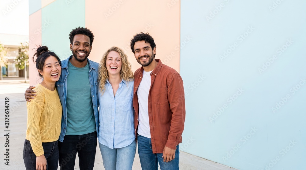 Obraz premium Diverse group of happy young friends standing together against a colorful pastel wall