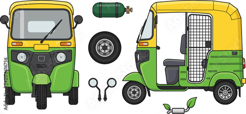 Green and Yellow Eco Friendly CNG Auto Rickshaw Vector Illustration Set with Gas Cylinder and Spares for South Asian Clean Energy Transport Graphic Designs