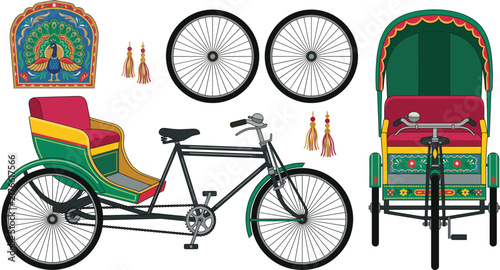 Traditional Bangladeshi Rickshaw Construction Kit with Colorful Vehicle Frames Wheels Tassels and Hand Painted Art Elements for South Asian Culture Vector Designs