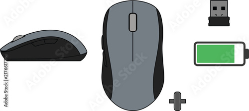 Wireless Computer Mouse Vector Illustration Set with Side and Top Views USB Receiver and Battery Indicator for Technology Product Graphic Designs