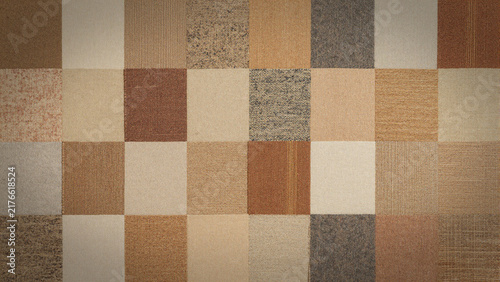 Modern interior design swatch board featuring a grid of neutral earth-tone material samples