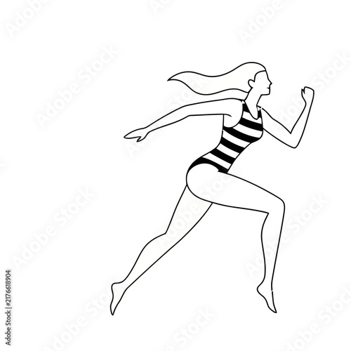 Woman in striped swimsuit running