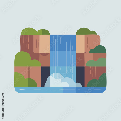 A flat vector illustration depicts a stylized waterfall cascading over brown cliffs with.