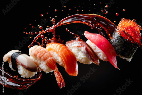 Six pieces of nigiri sushi float in midair against a black background as a ribbon of soy sauce splashes around them, with shrimp, salmon, tuna and roe visible.