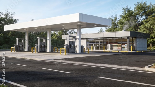 Modern Gasoline Service Station with White Canopy and Fuel Pumps