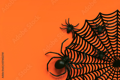 Top view of decorative Halloween spider web with spiders and copy space for text. Halloween concept background