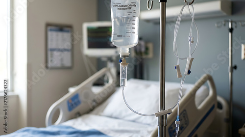Hospital room with empty bed and medical equipment.