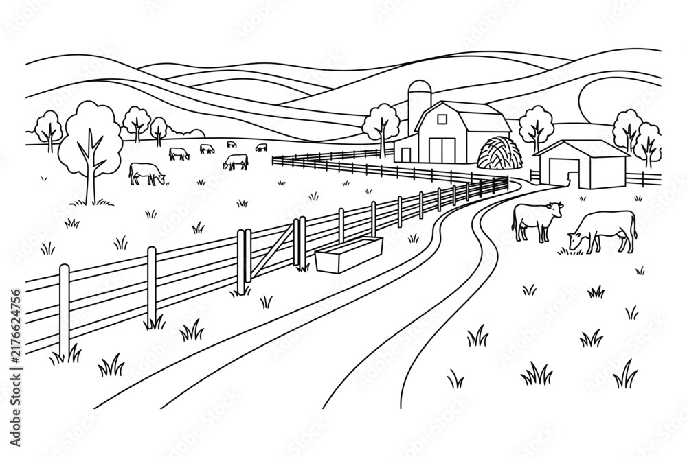 Fototapeta premium Black and white line art coloring book page showing a rural farm landscape