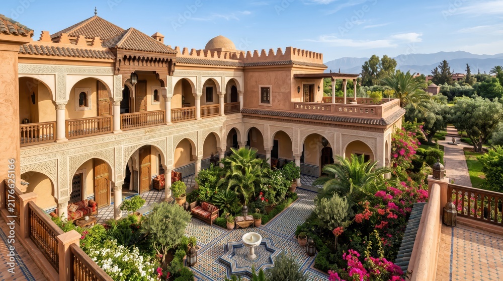 Fototapeta premium Elevated Moroccan courtyard villa with arches fountain and flowering garden