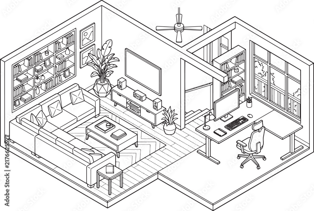 Fototapeta premium Isometric line art illustration of a modern living room and home office workspace interior design
