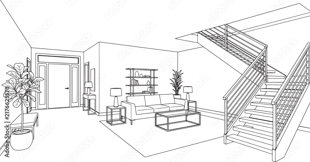 Fototapeta premium Line drawing of a modern living room interior with a staircase and furniture in a minimalist style