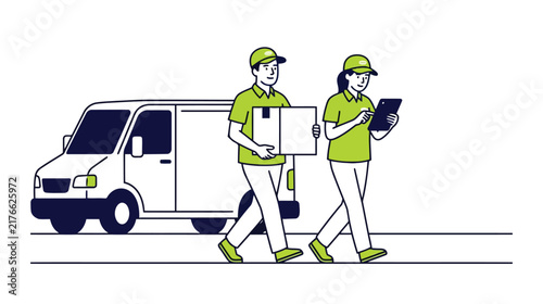 Delivery service team carrying cardboard box and using tablet with transport van vector graphic