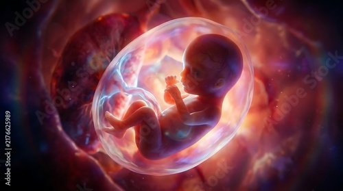 A detailed 3D medical illustration of a human fetus developing inside the womb.