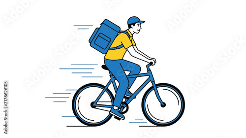 Delivery courier on bicycle carrying thermal backpack for fast food shipment isolated vector illustration