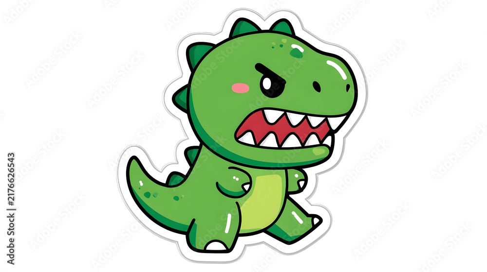 Fototapeta premium Cute Green Cartoon Dinosaur Character with Angry Expression.