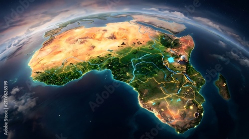 Stunning aerial view of the African continent glowing from space at night.