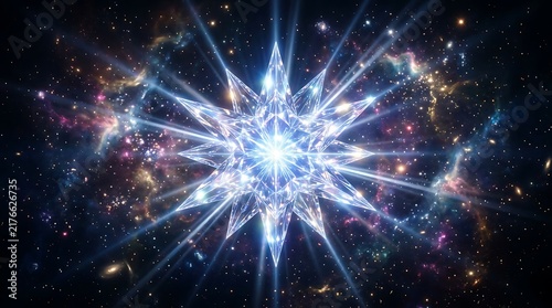 A glowing crystalline star shape radiating light in the depths of a colorful nebula in outer space.